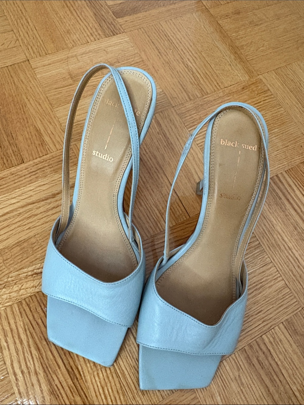 Women’s Light Blue Slingback Heeled Sandals Black Suede Studio